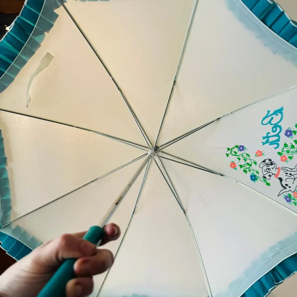 Vintage 'Beth' Dalmatian Custom Painted Blue Ruffle Trim Umbrella